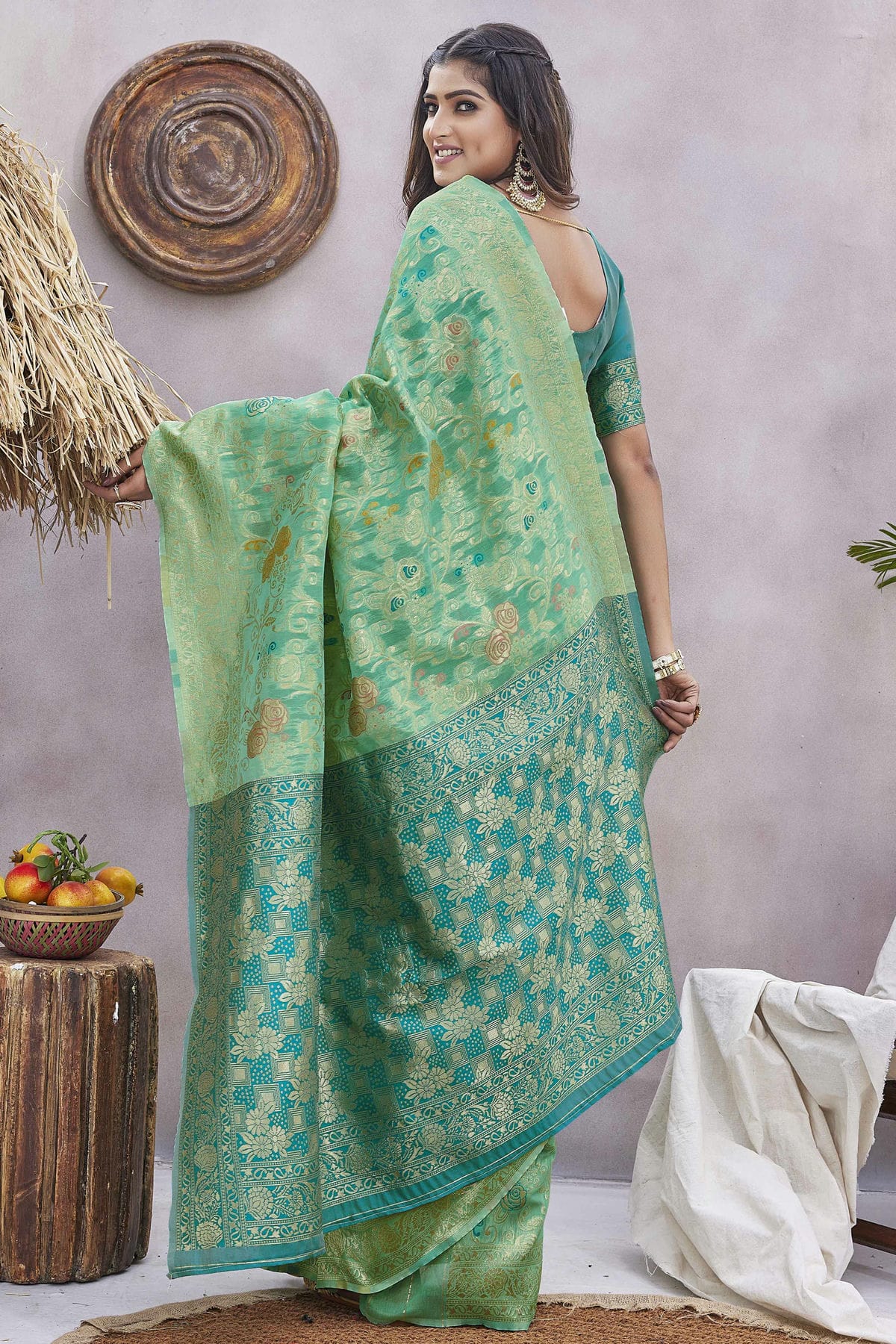 Rama Green Colour Silk Blend Traditional Saree