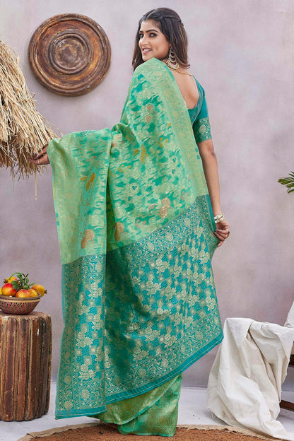 Rama Green Colour Silk Blend Traditional Saree