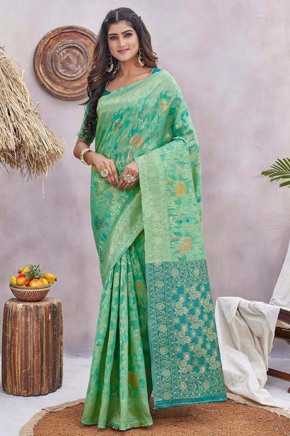 Rama Green Colour Silk Blend Traditional Saree