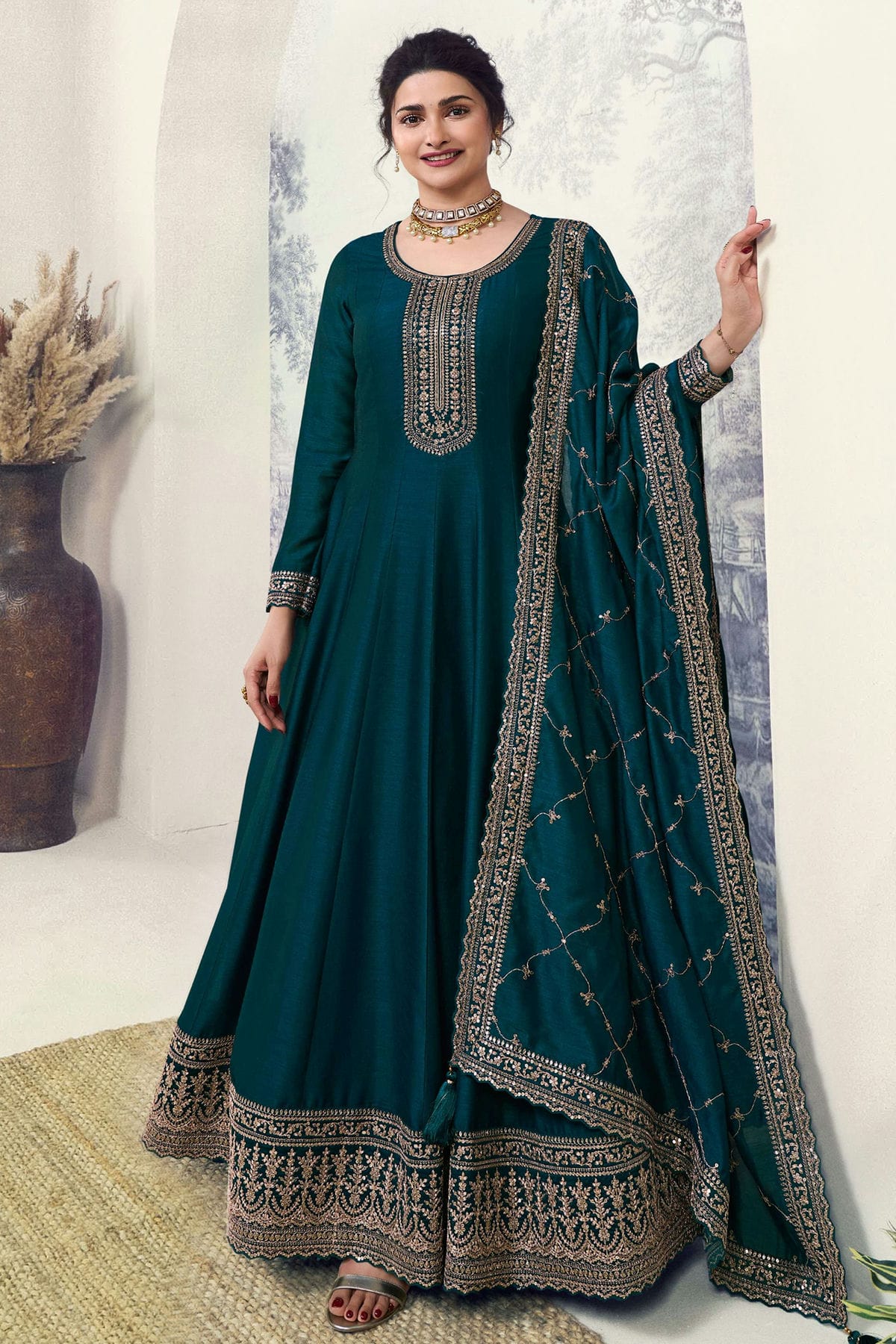 Rama Green Colour Silk Georgette Anarkali Suit