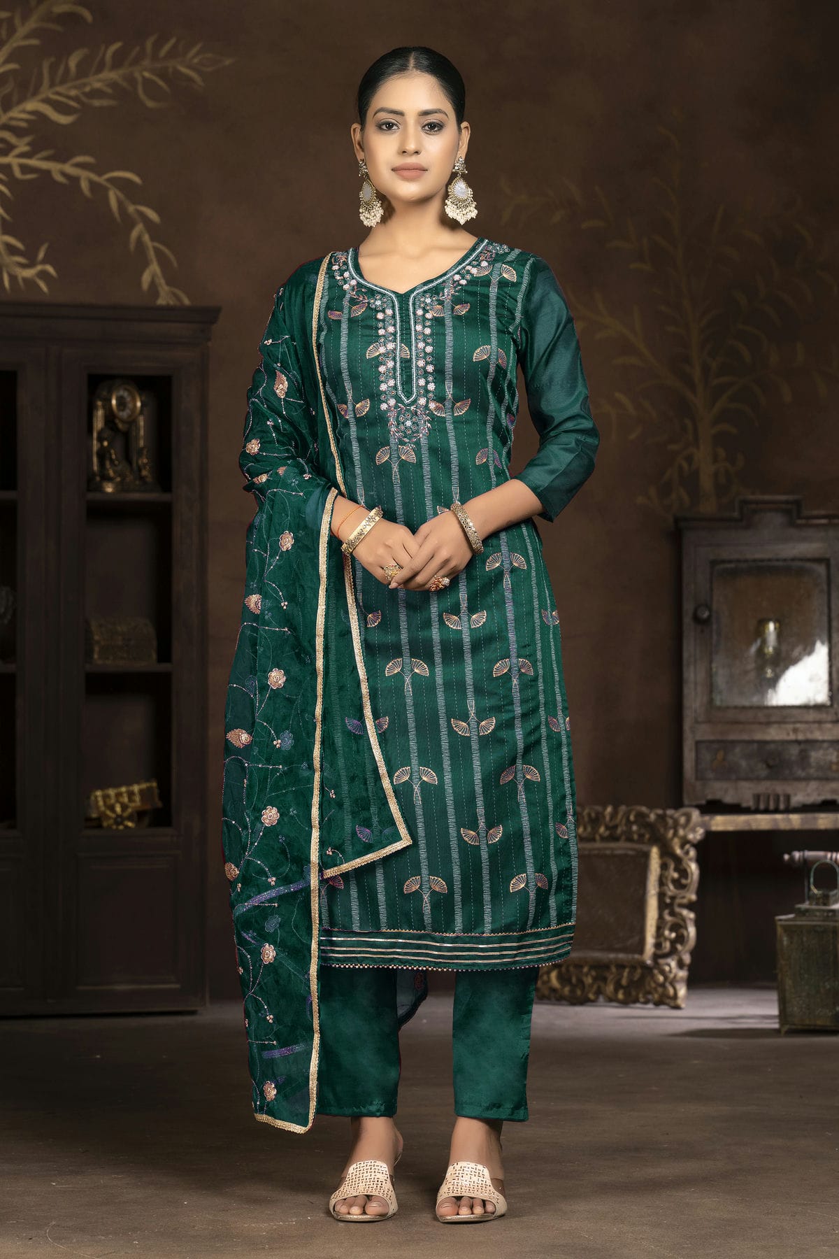 Rama Green Colour Unstitched Modal Cotton Jacquard Pant Style Suit