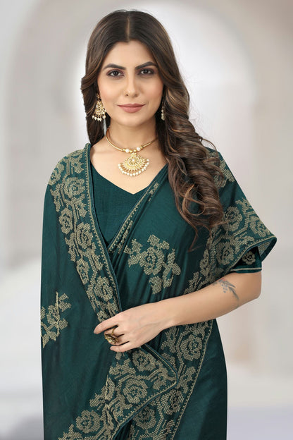 Rama Green Colour Vichitra Silk Designer Saree