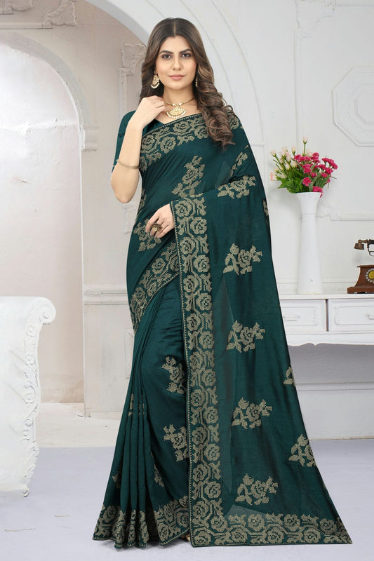 Rama Green Colour Vichitra Silk Designer Saree