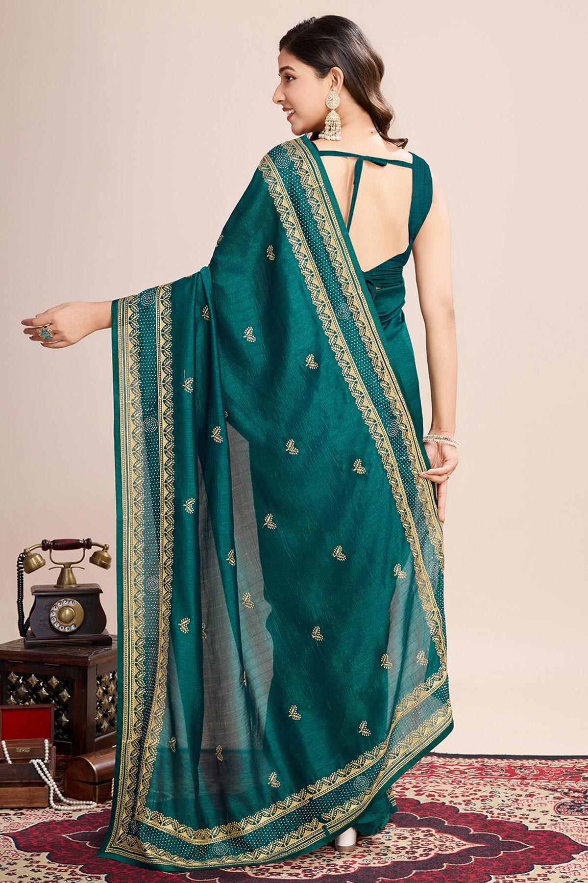 Rama Green Colour Vichitra Silk Designer Saree