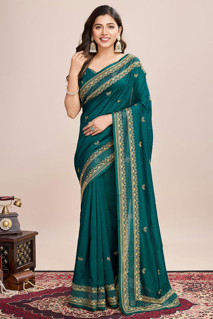 Rama Green Colour Vichitra Silk Designer Saree