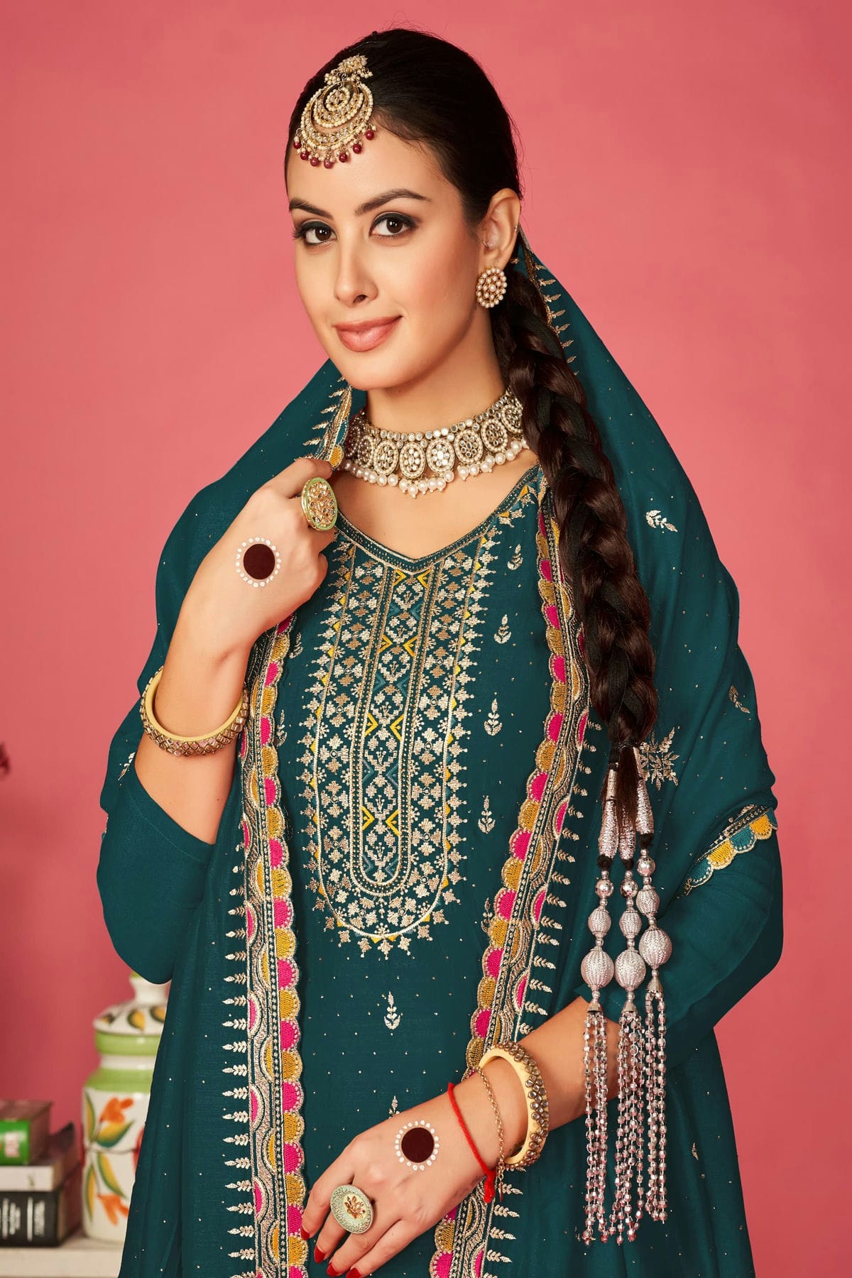 Rama Green Colour Vichitra Silk Pant Style Suit