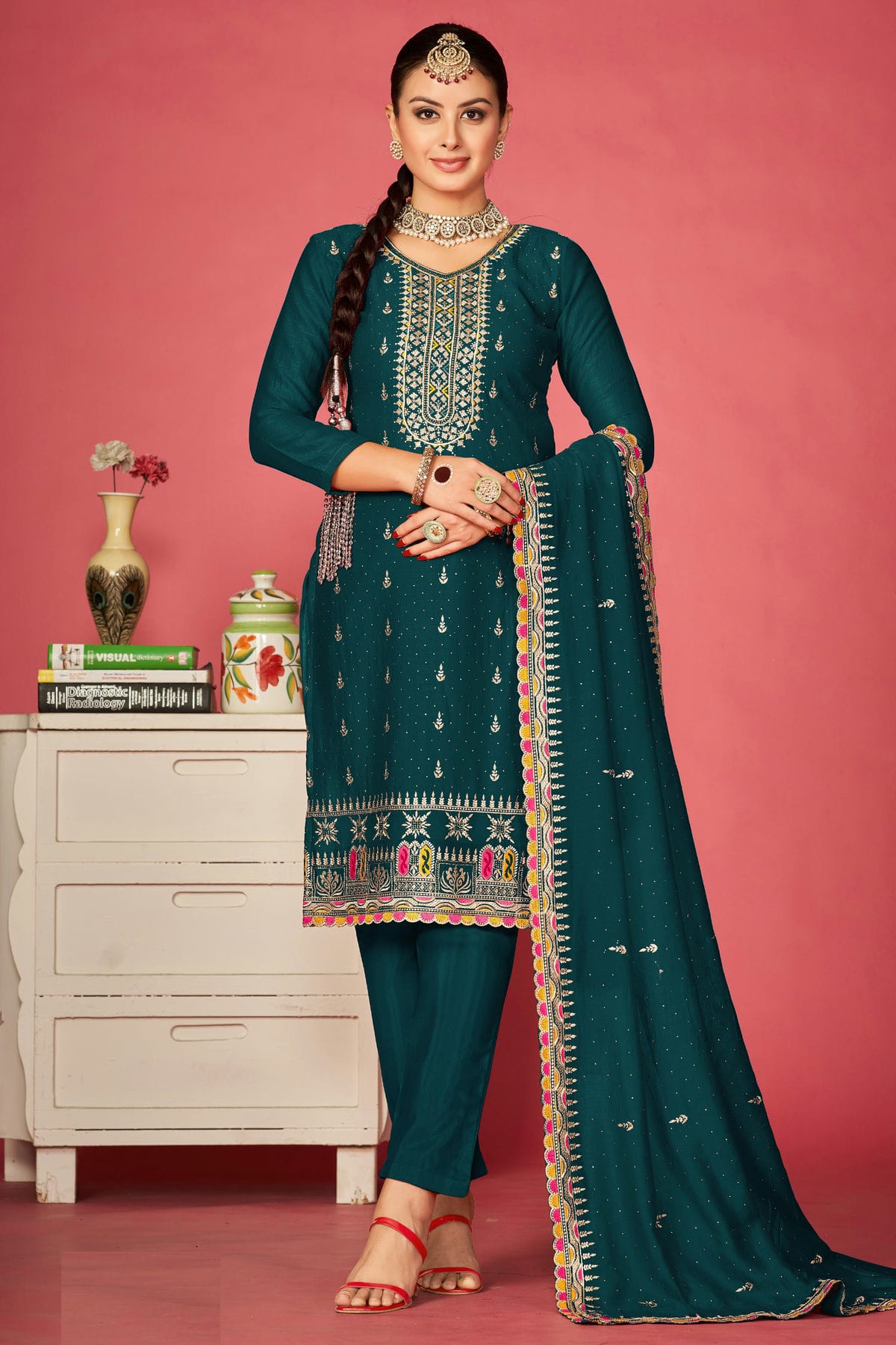 Rama Green Colour Vichitra Silk Pant Style Suit