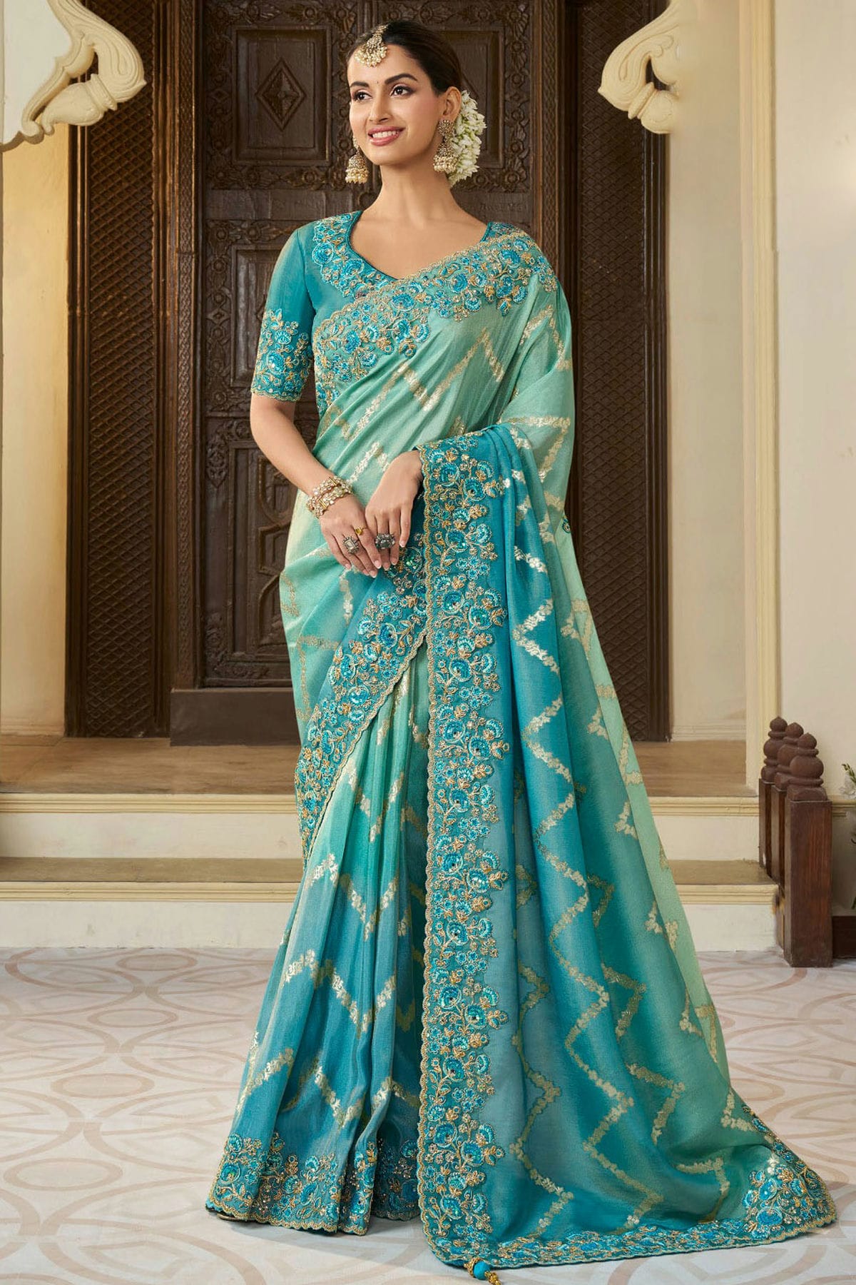 Rama Green Colour Viscose Tissue Designer Saree