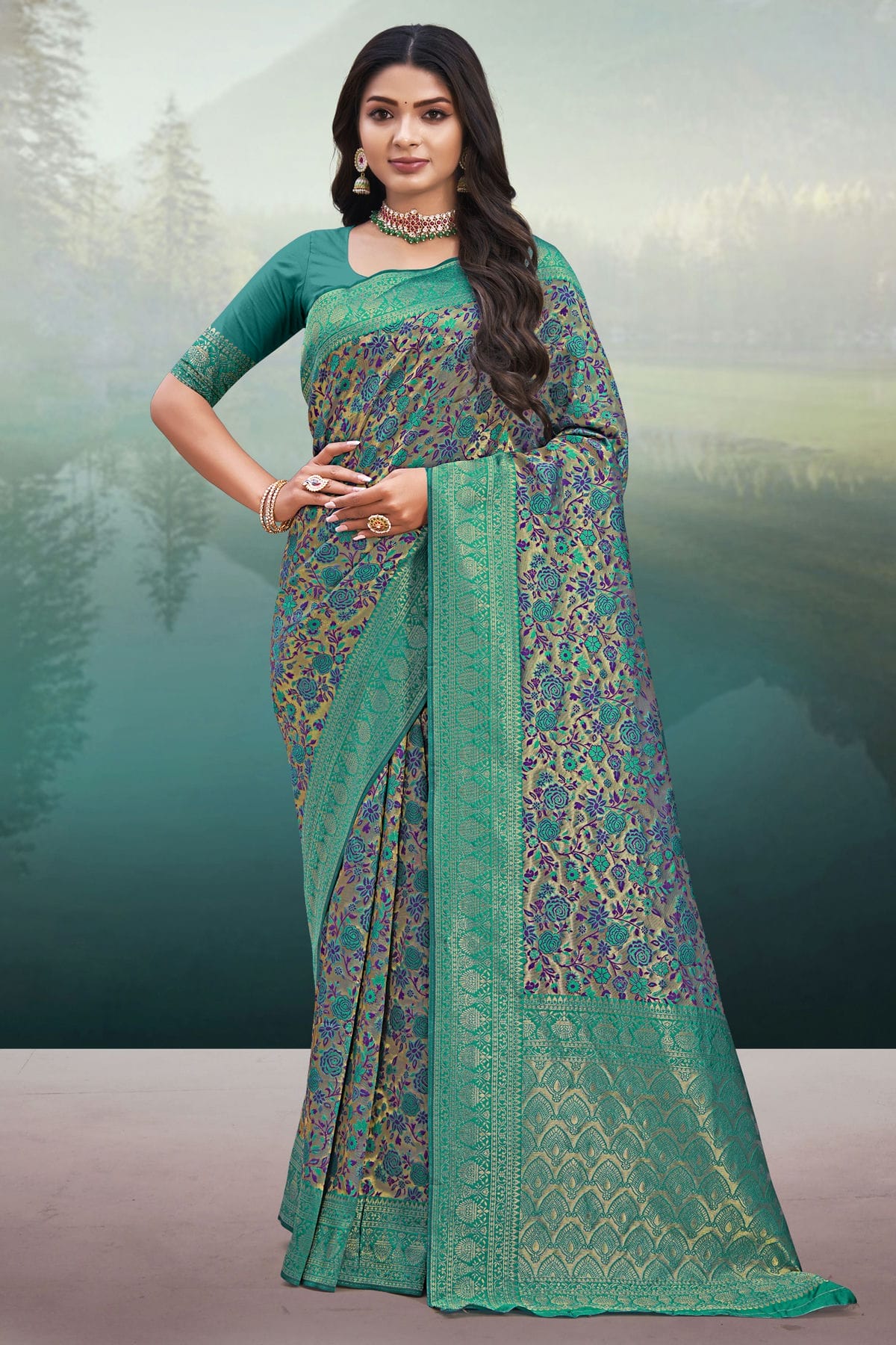 Rama Green Colour Woven Work Banarasi Silk Saree