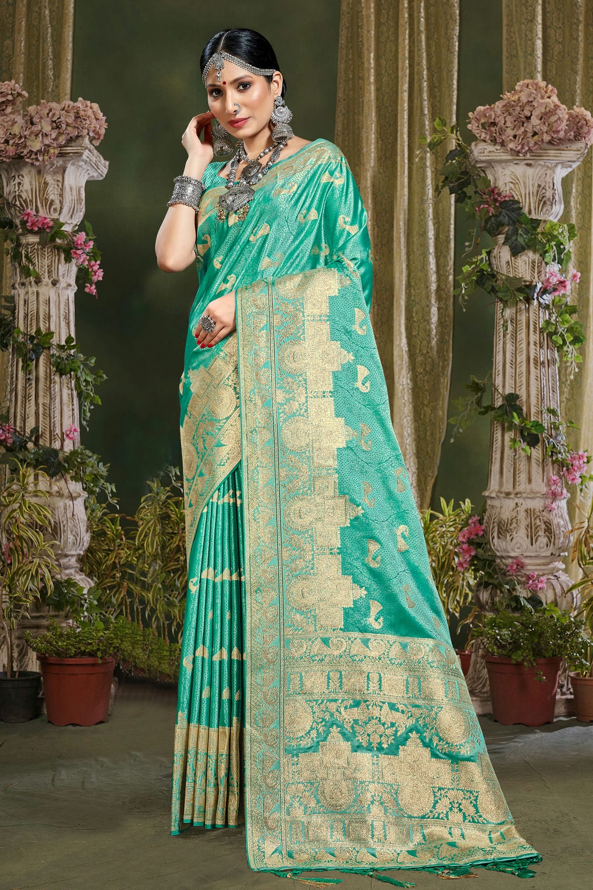 Rama Green Colour Woven Work Banarasi Silk Saree