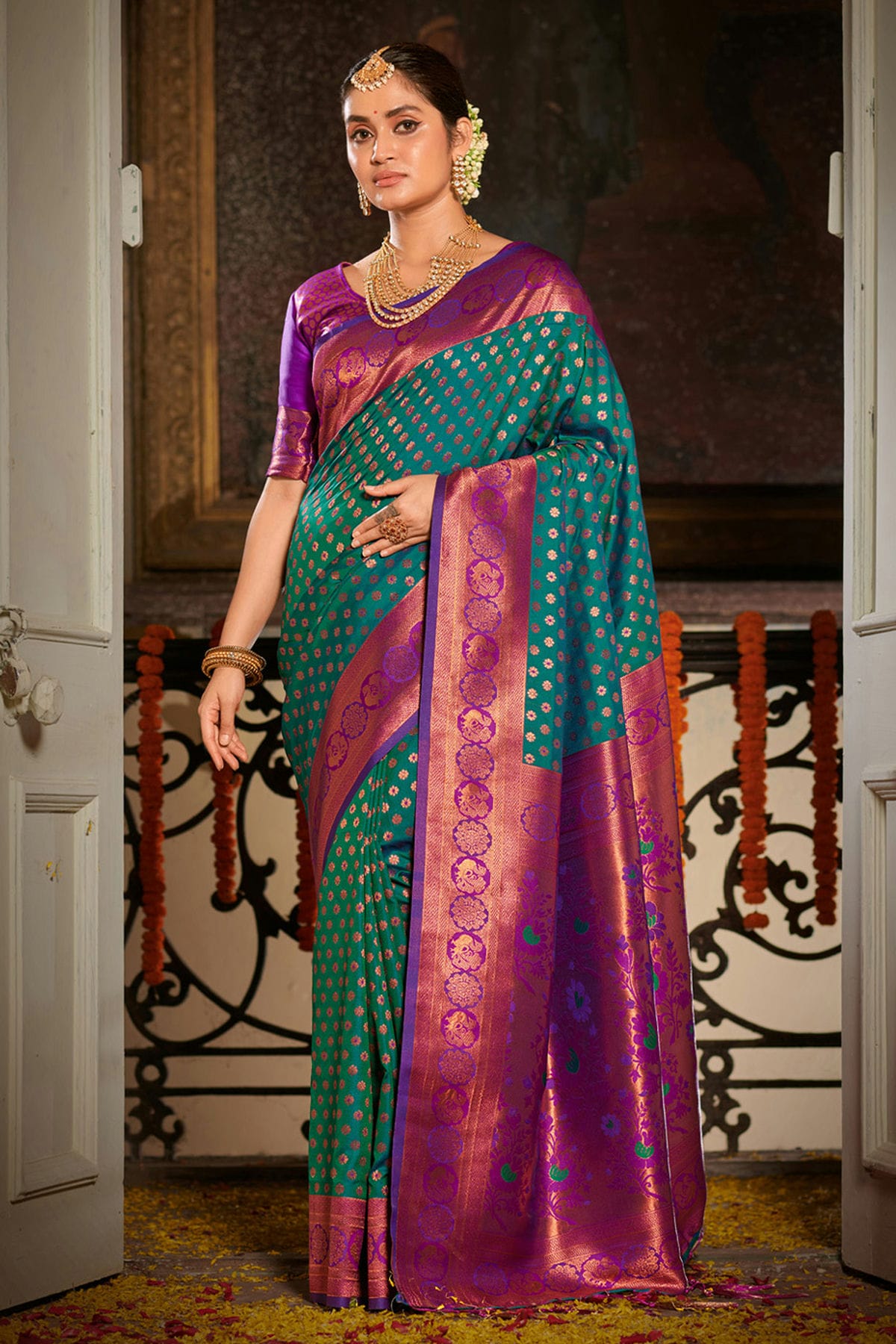 Rama Green Colour Woven Work Banarasi Silk Saree