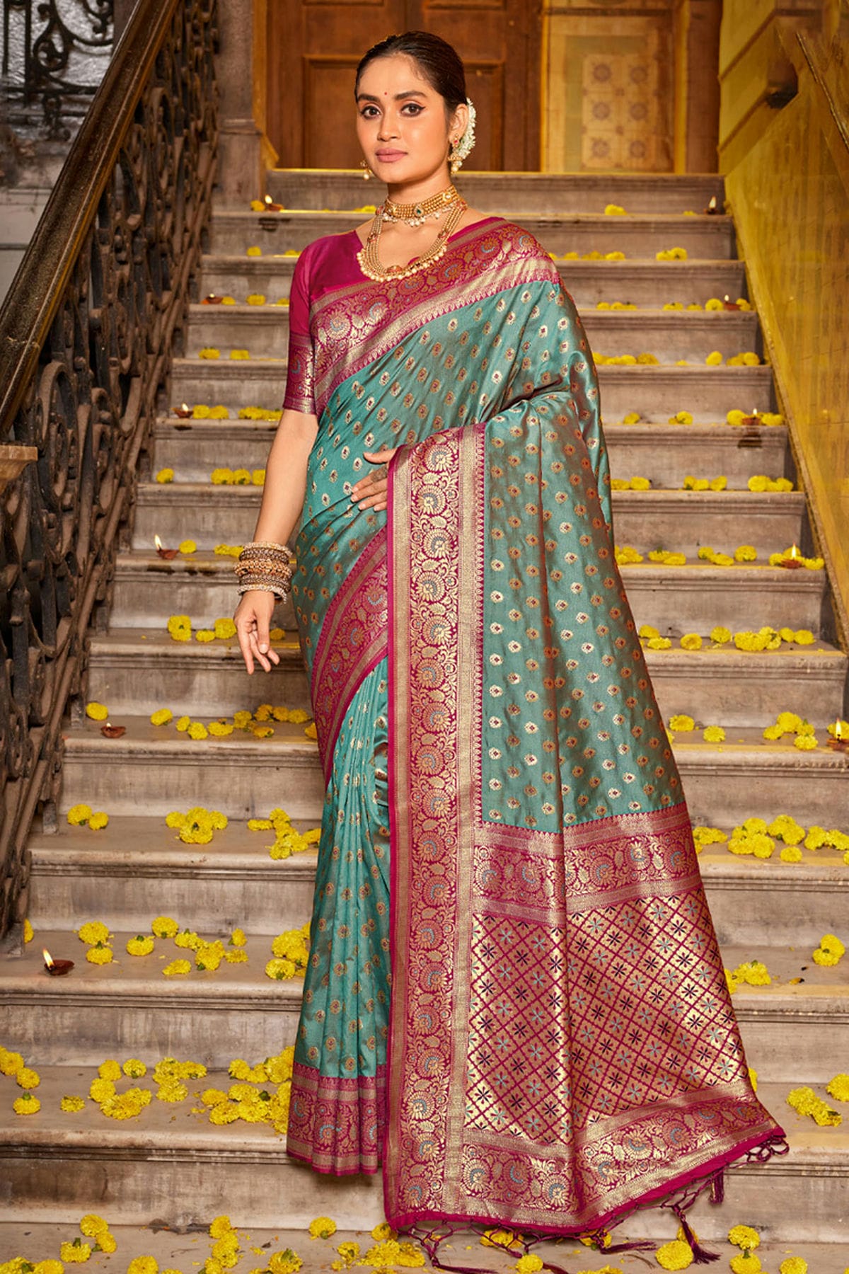 Rama Green Colour Woven Work Banarasi Silk Saree