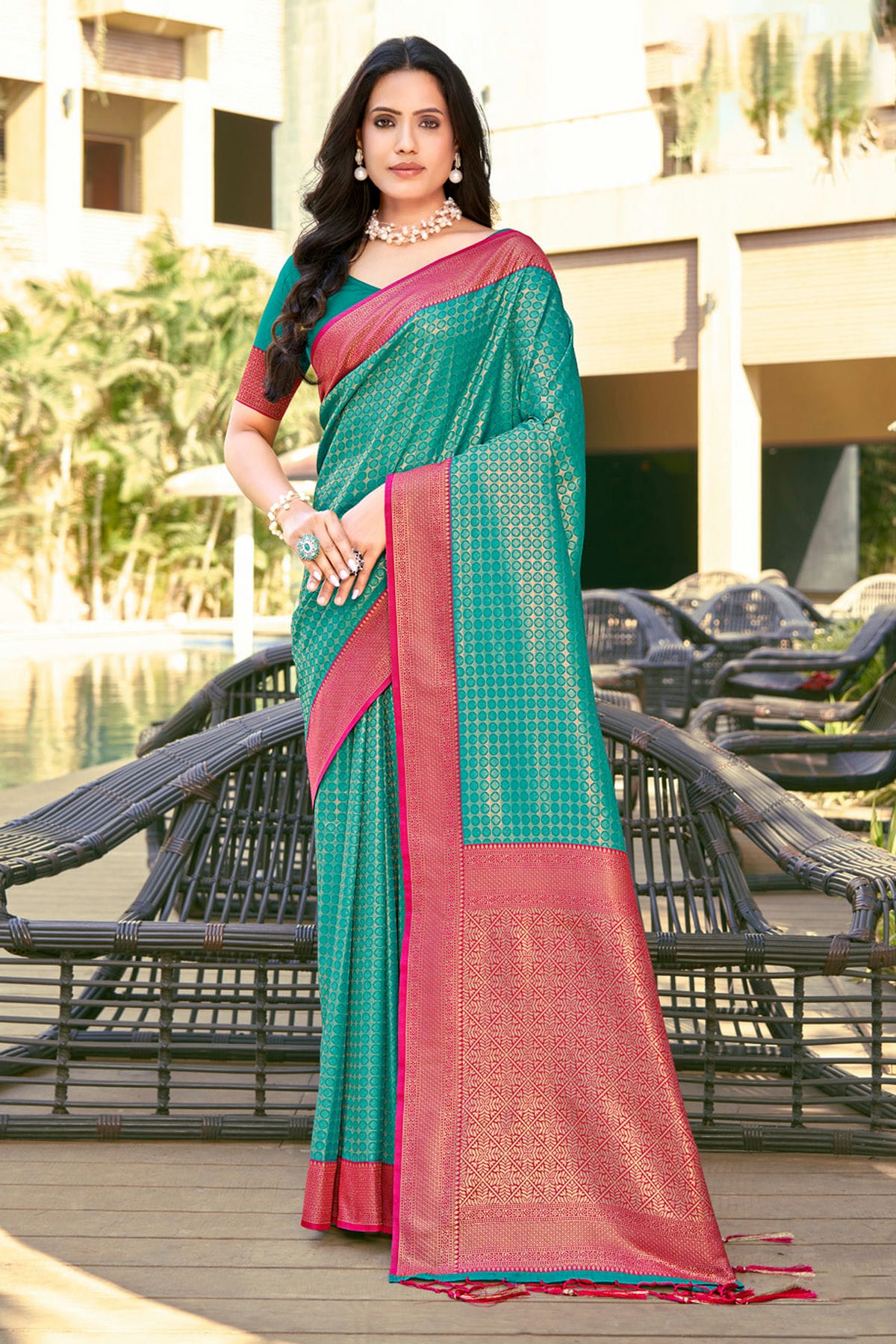 Rama Green Colour Woven Work Banarasi Silk Saree