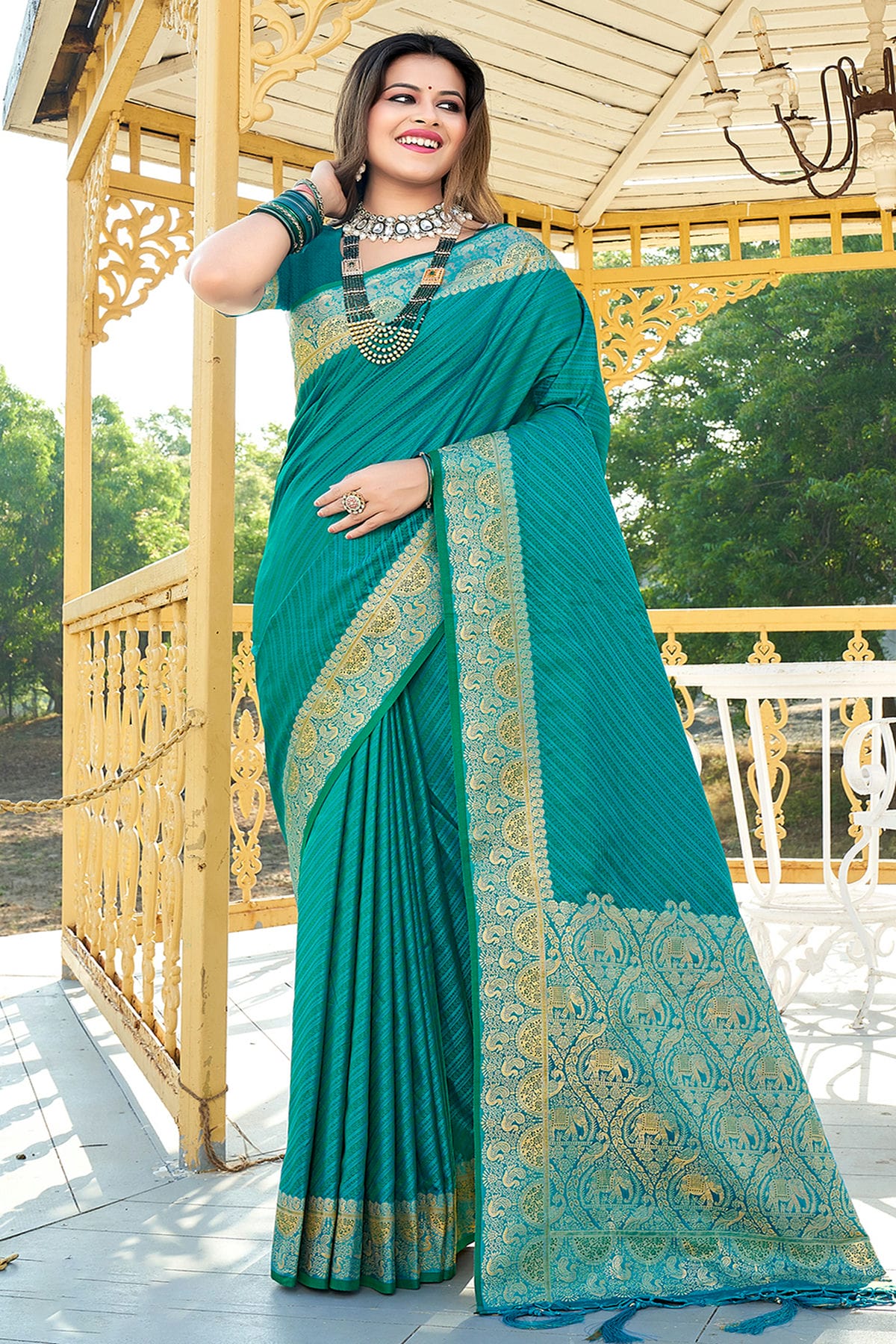 Rama Green Colour Woven Work Silk Saree