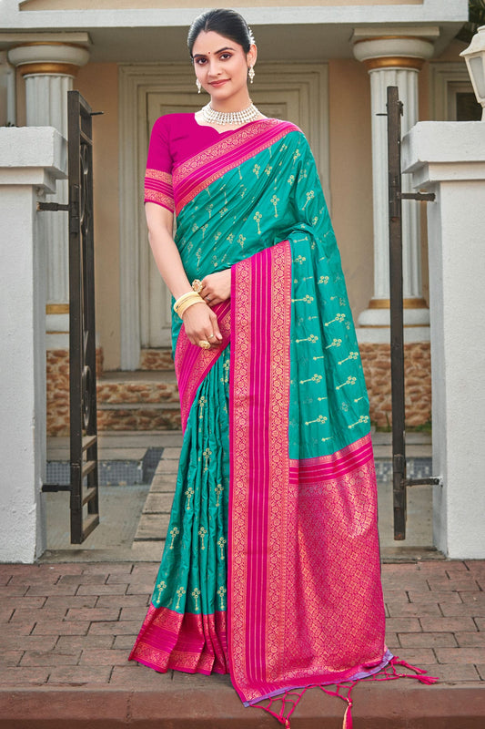 Rama Green Colour Woven Work Silk Saree