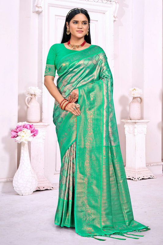 Rama Green Colour Woven Work Silk Saree