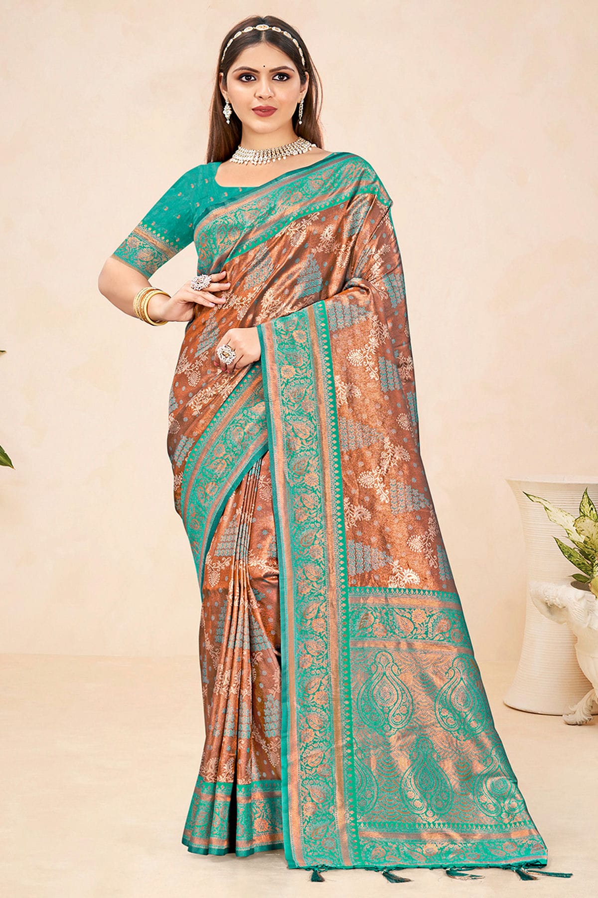 Rama Green Colour Woven Work Silk Saree