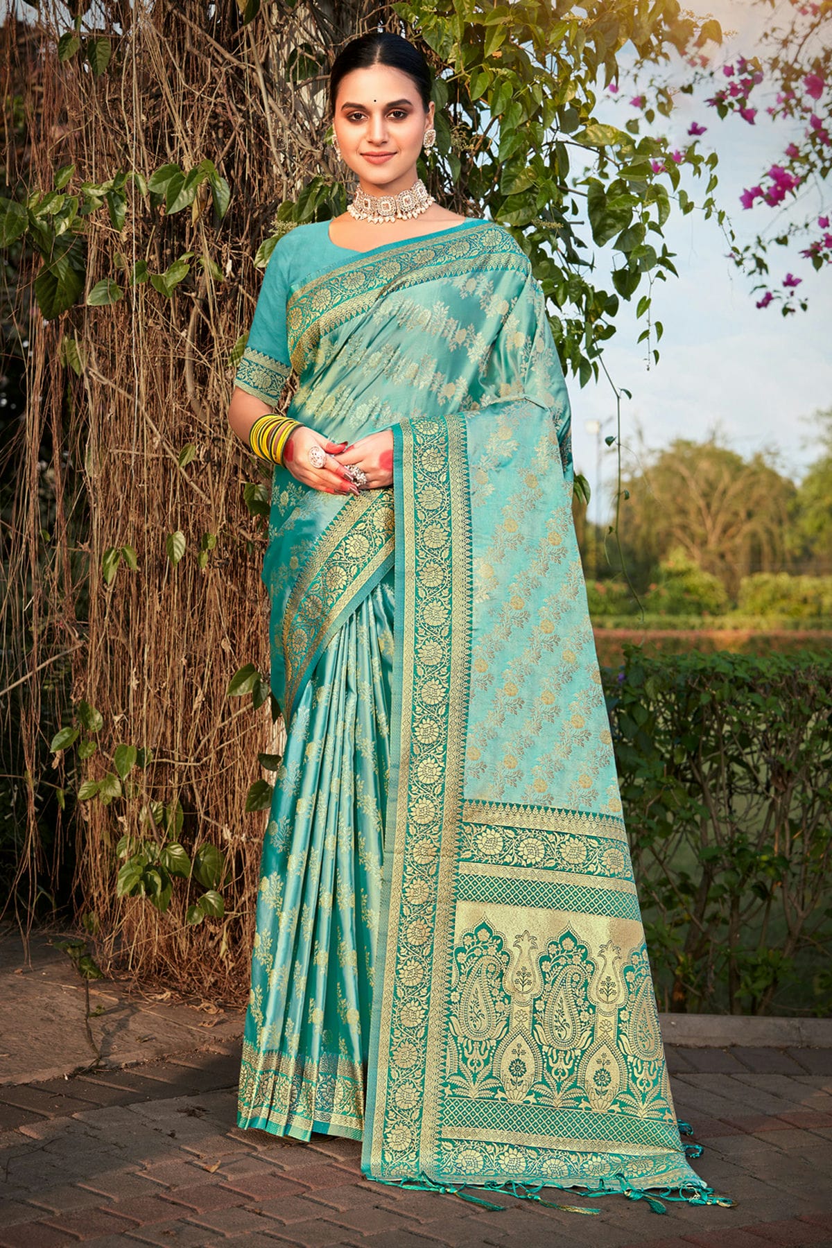 Rama Green Colour Woven Work Stain Silk Saree