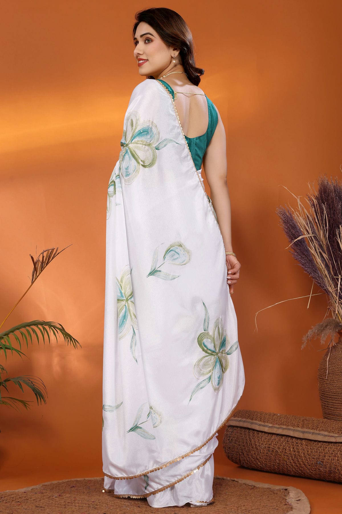 Rama Green and White Colour Chinon Chiffon Printed Saree VSSD1180214