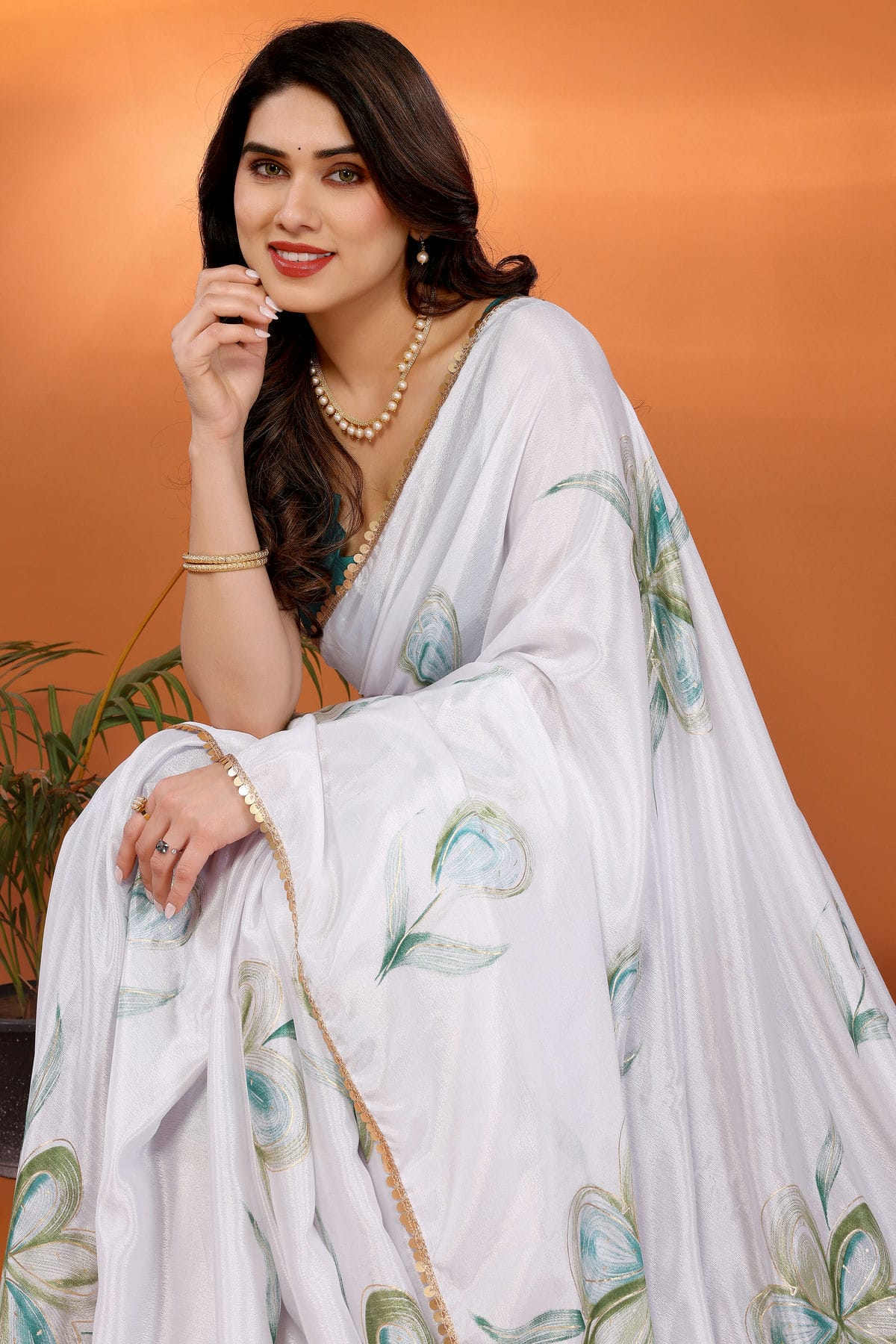 Rama Green and White Colour Chinon Chiffon Printed Saree VSSD1180214