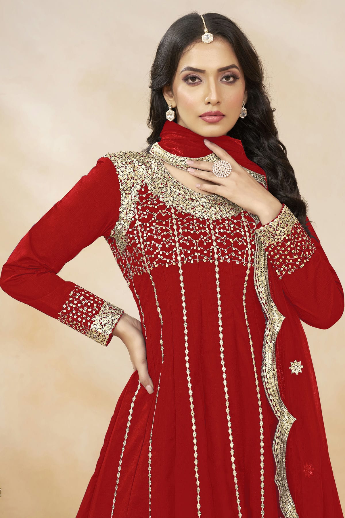 Red Colour Art Silk Semi Stitched Patiala Suit