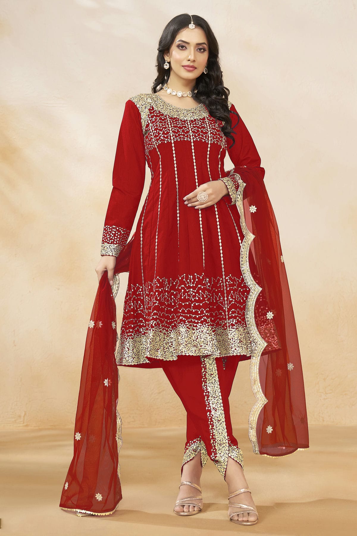 Red Colour Art Silk Semi Stitched Patiala Suit