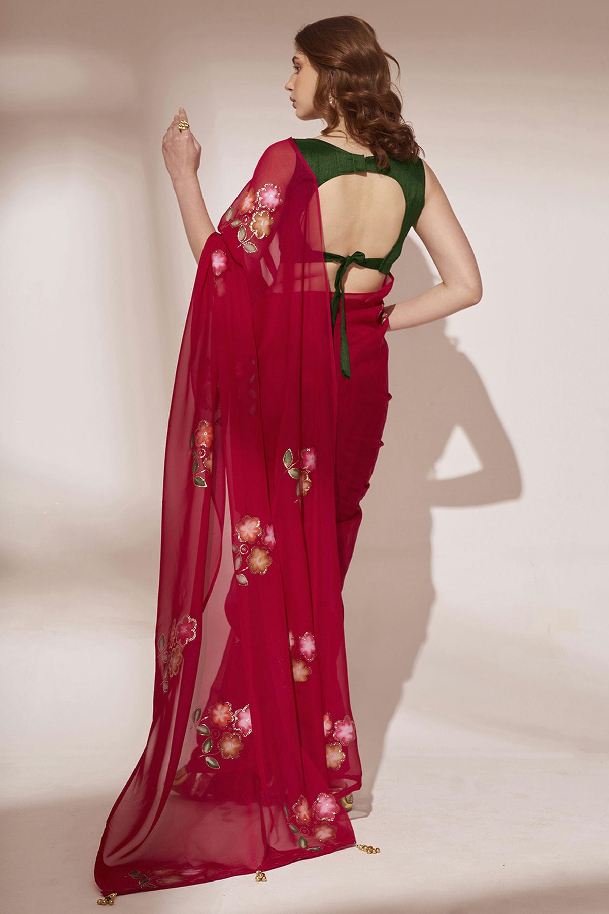 Red Colour Blooming Organza Saree