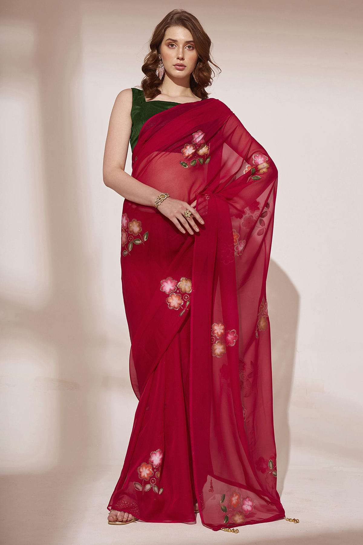 Red Colour Blooming Organza Saree