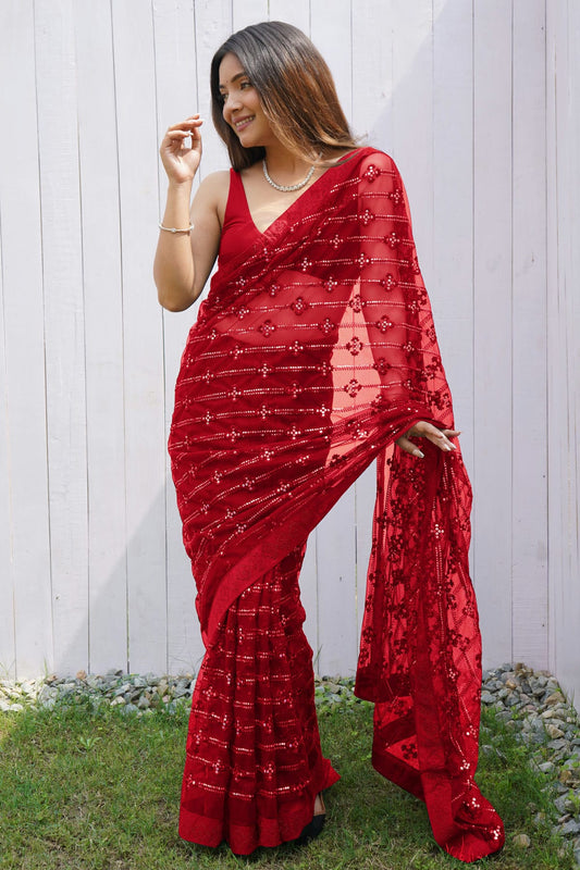 Red Colour Butterfly Net Designer Saree