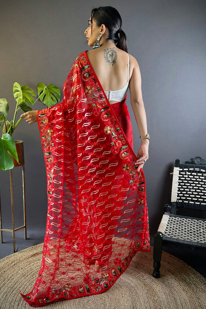 Red Colour Butterfly Net Designer Saree