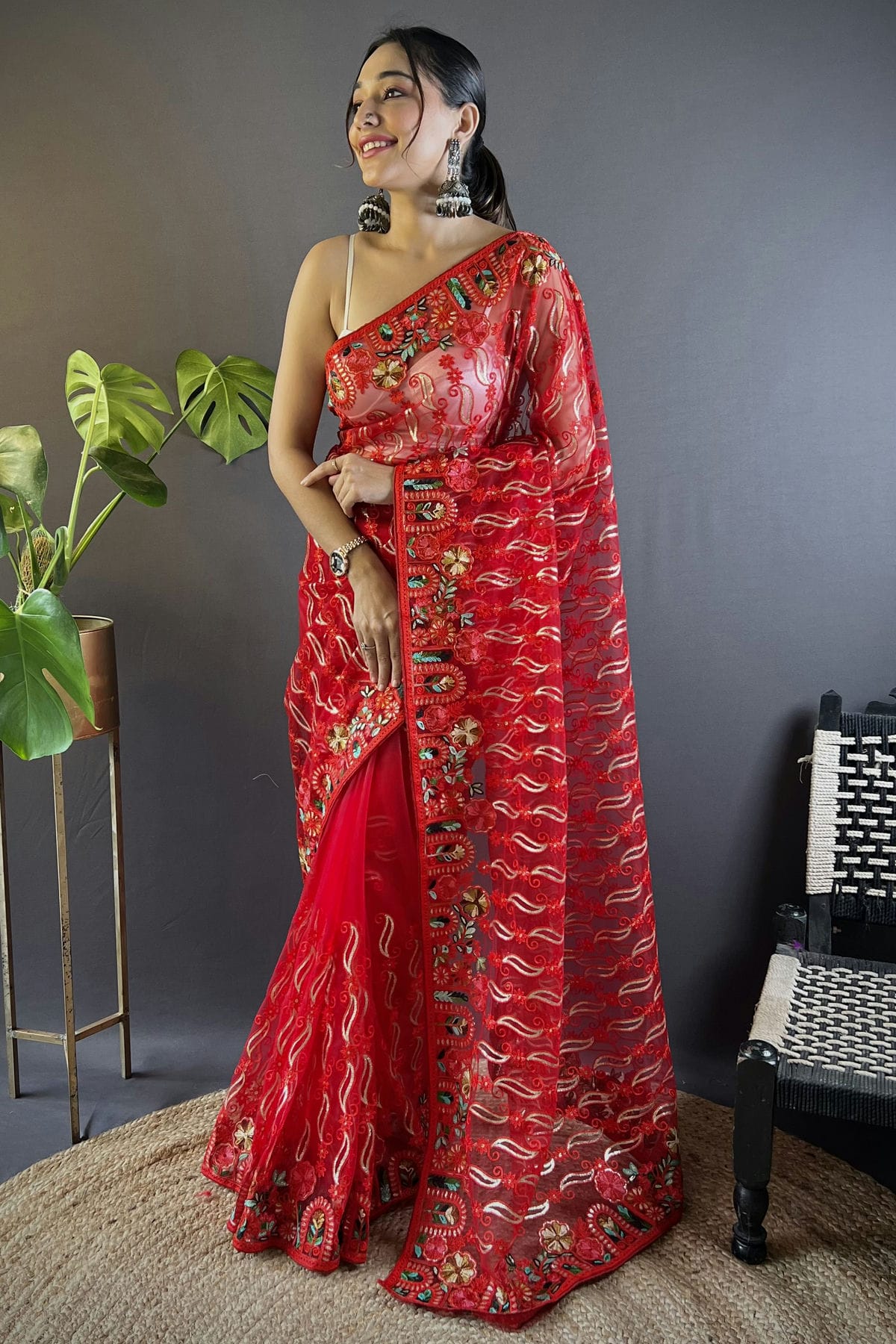 Red Colour Butterfly Net Designer Saree