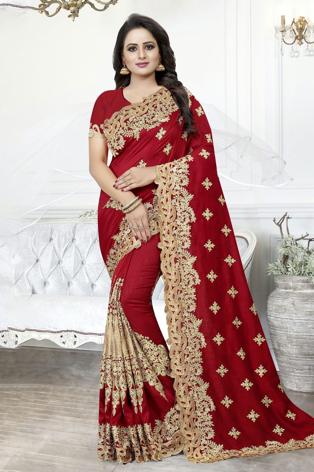 Red Colour Cherry Silk Designer Saree