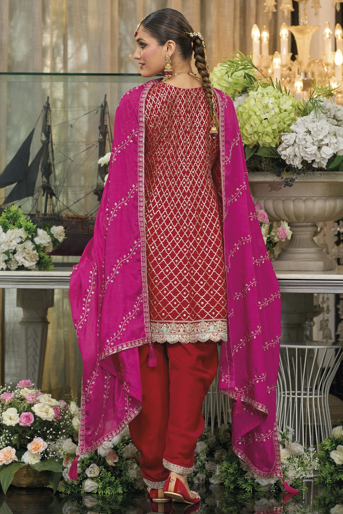 Red Colour Chinon Readymade Patiala Suit