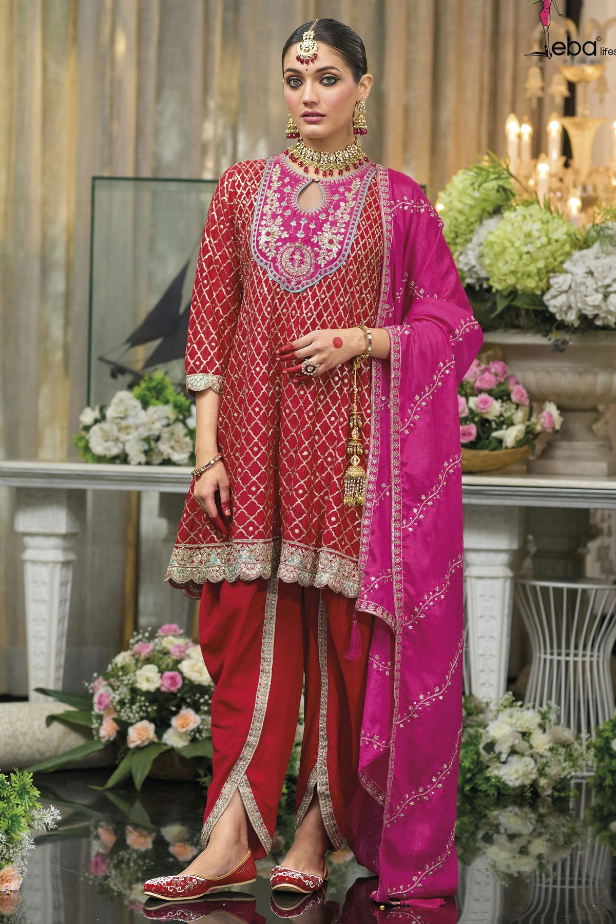 Red Colour Chinon Readymade Patiala Suit