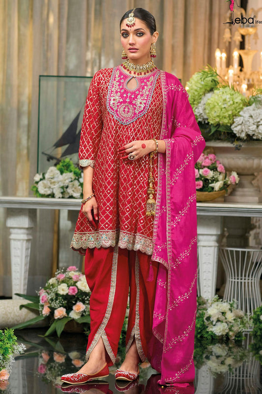 Red Colour Chinon Readymade Patiala Suit