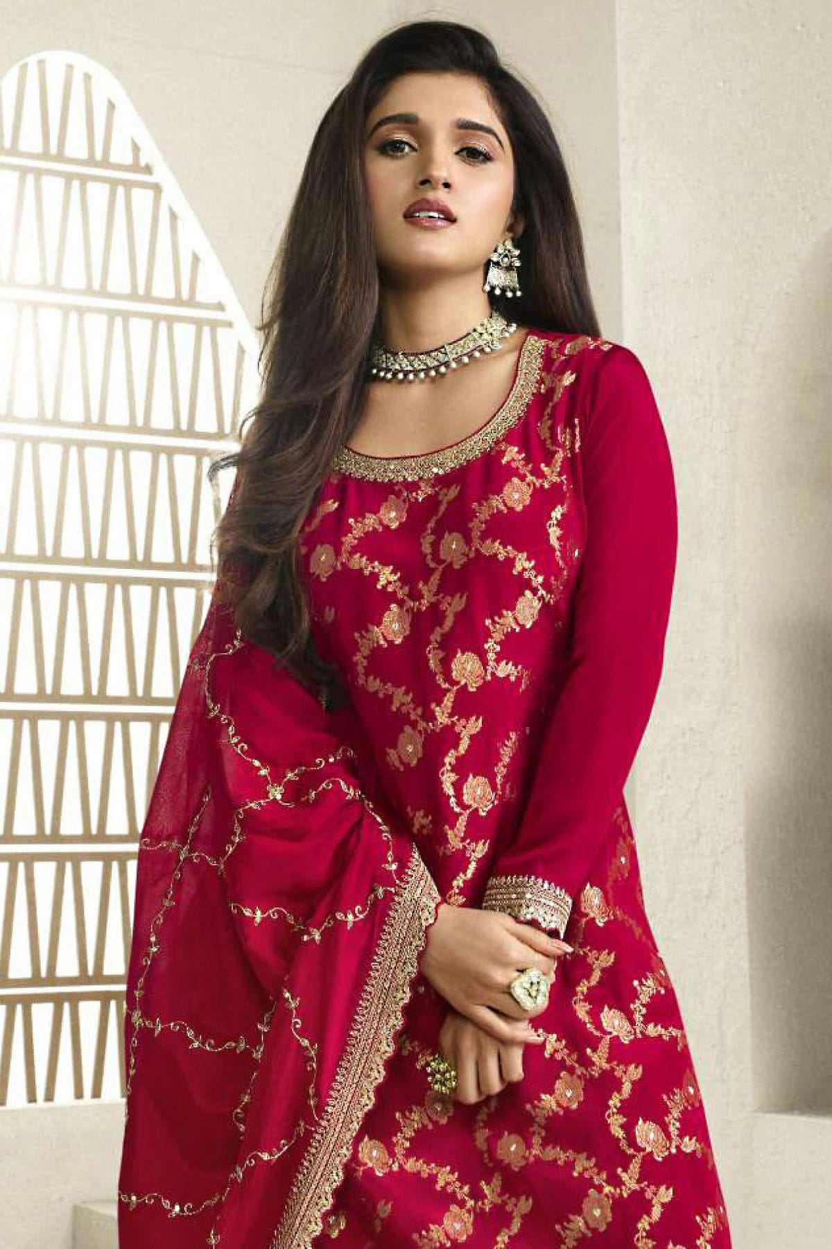 Red Colour Chinon Sharara Suit VSSM1110703