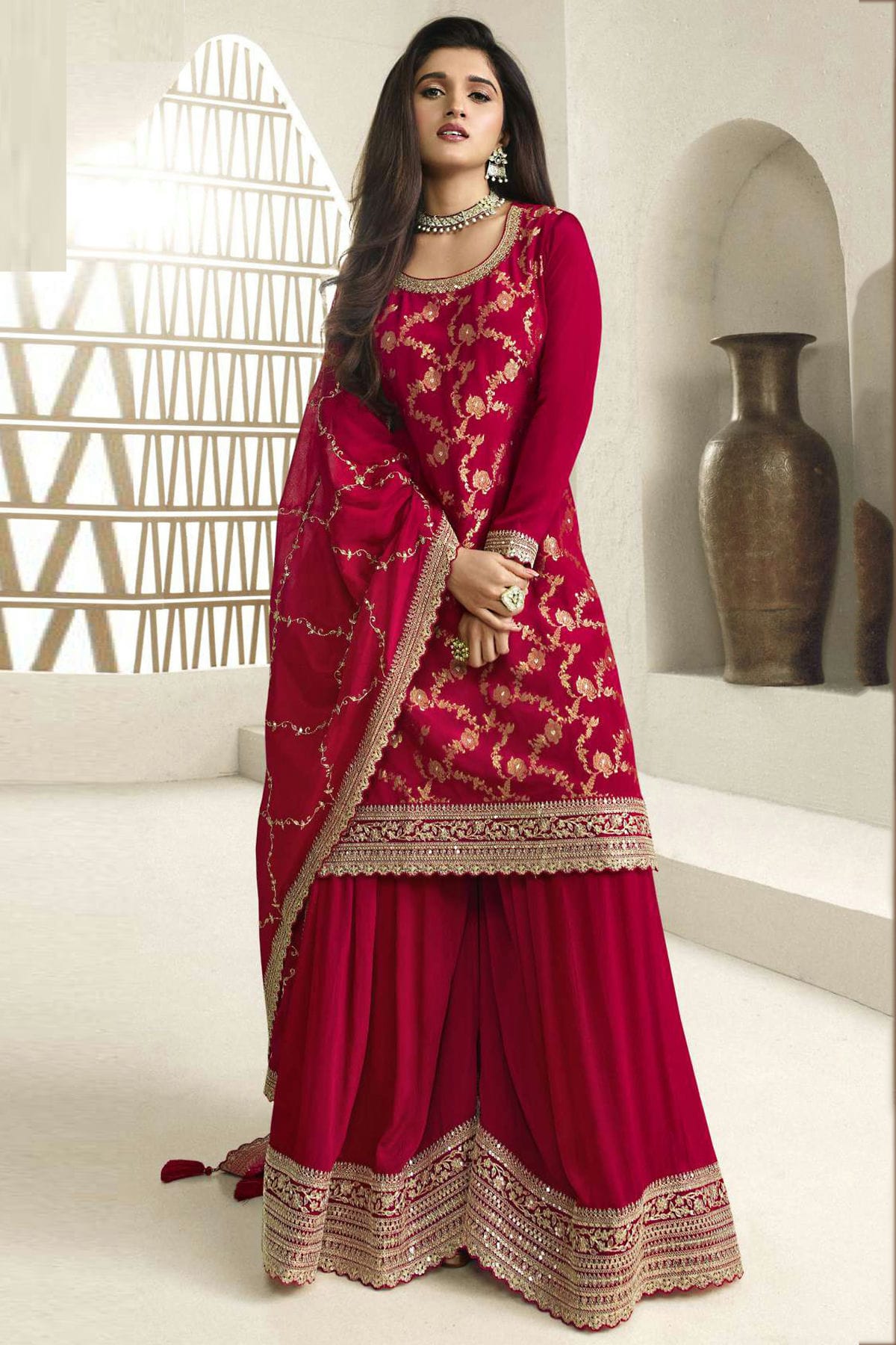 Red Colour Chinon Sharara Suit