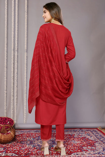 Red Colour Cotton Blend Stitched Suit VSSS1112298