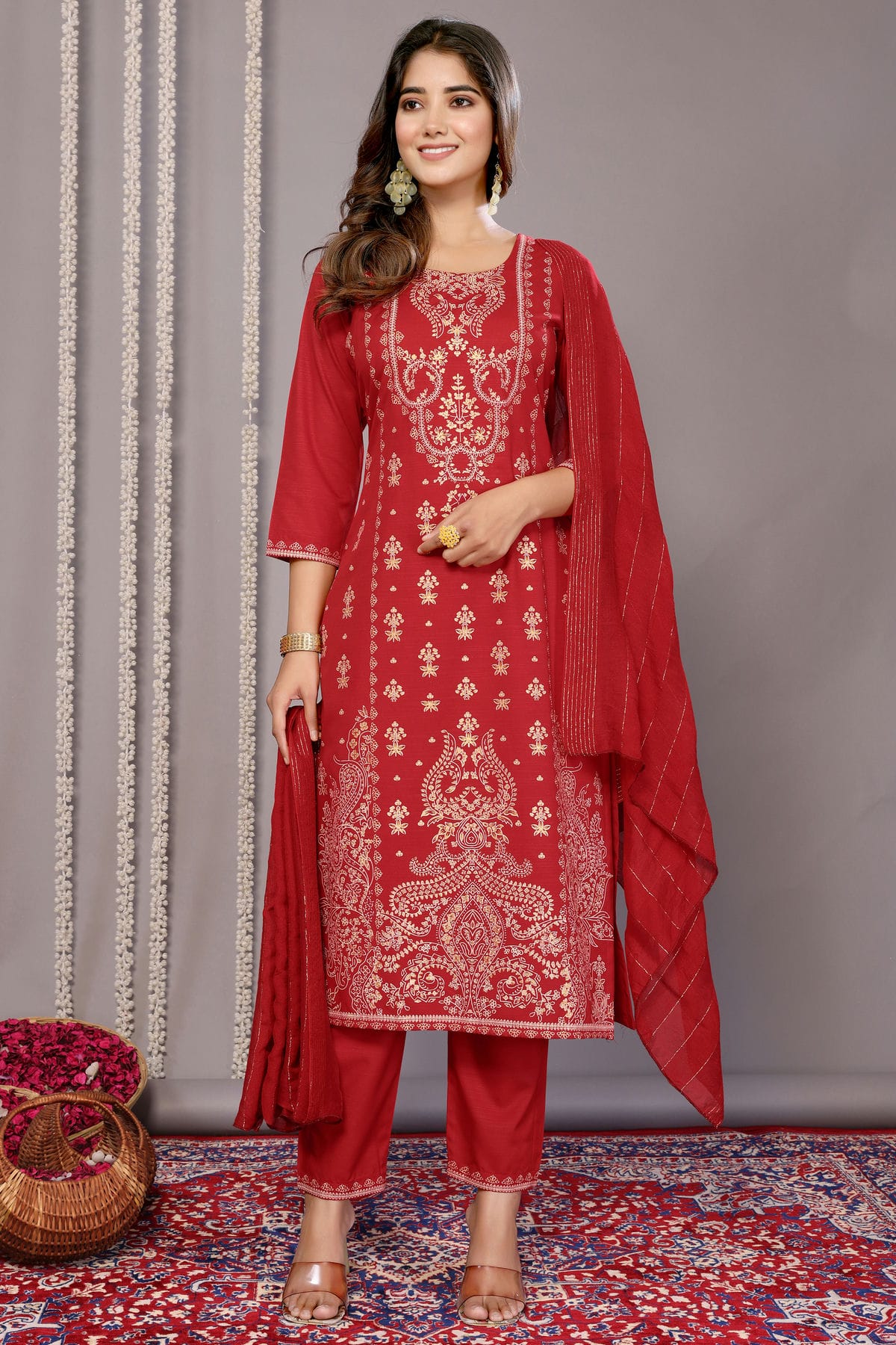 Red Colour Cotton Blend Stitched Suit