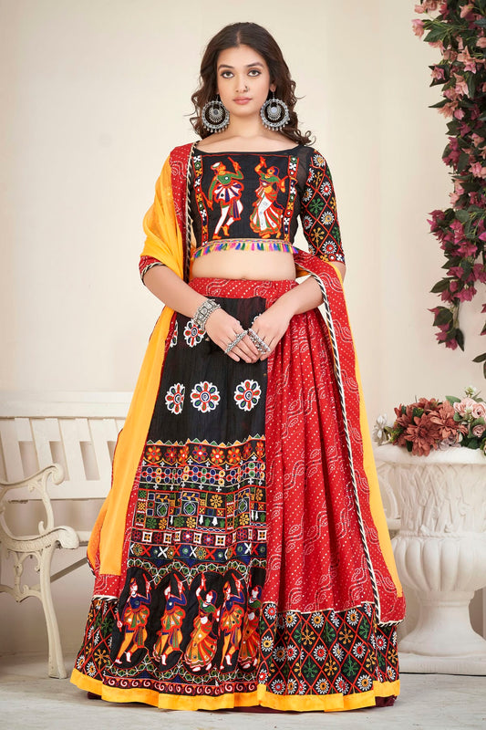 Red Colour Embroidery Work Cotton Silk Navratri Lehenga