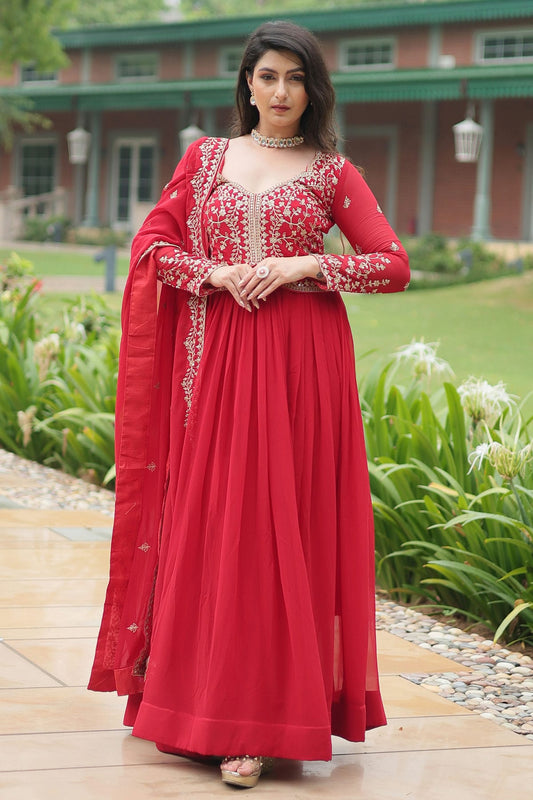 Red Colour Faux Georgette Stitched Gown VSGW1112332