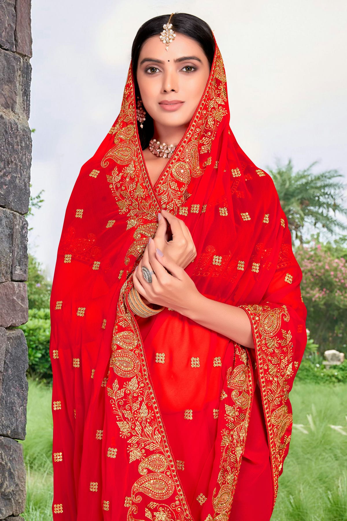 Red Colour Georgette Designer Saree