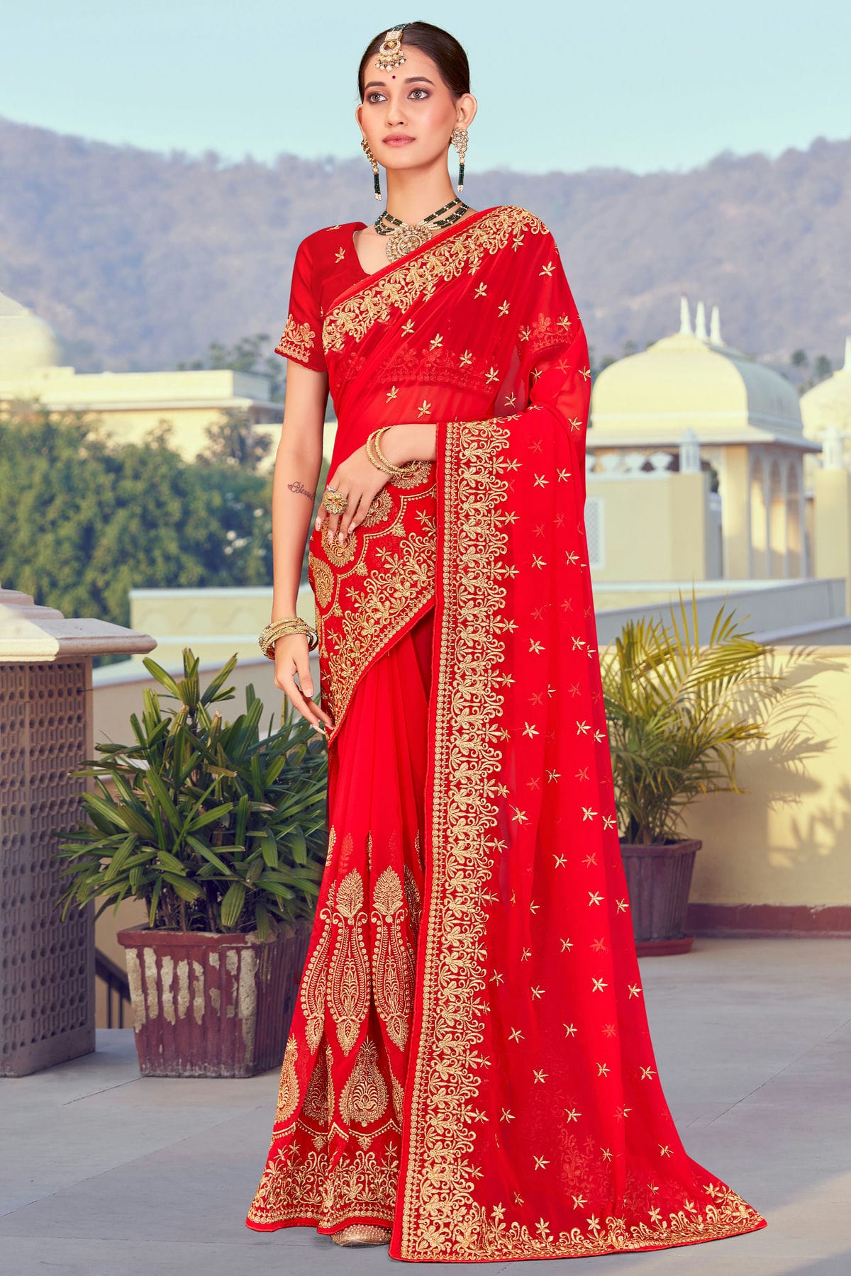 Red Colour Georgette Designer Saree