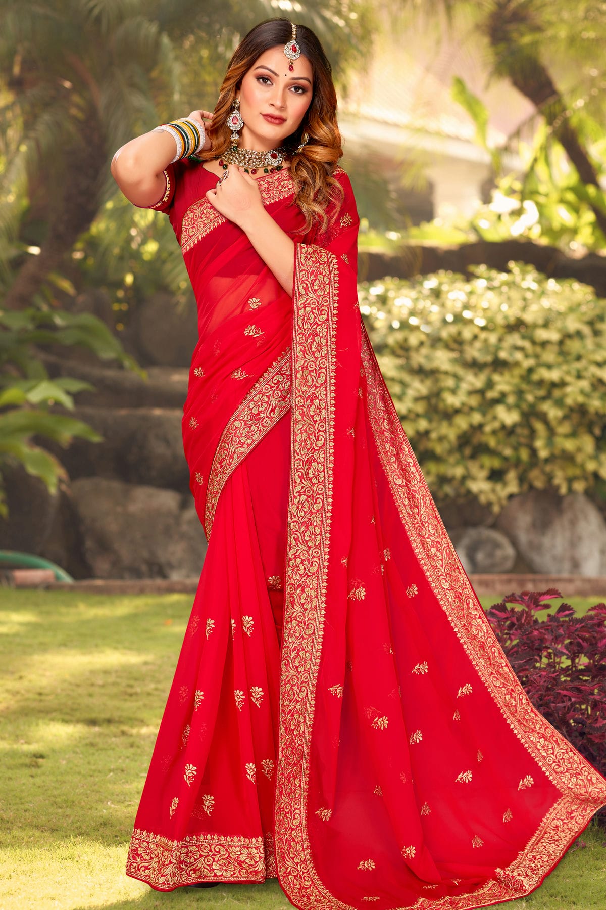 Red Colour Georgette Designer Saree