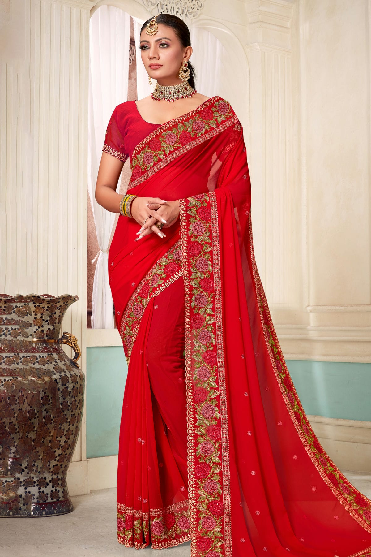 Red Colour Georgette Designer Saree