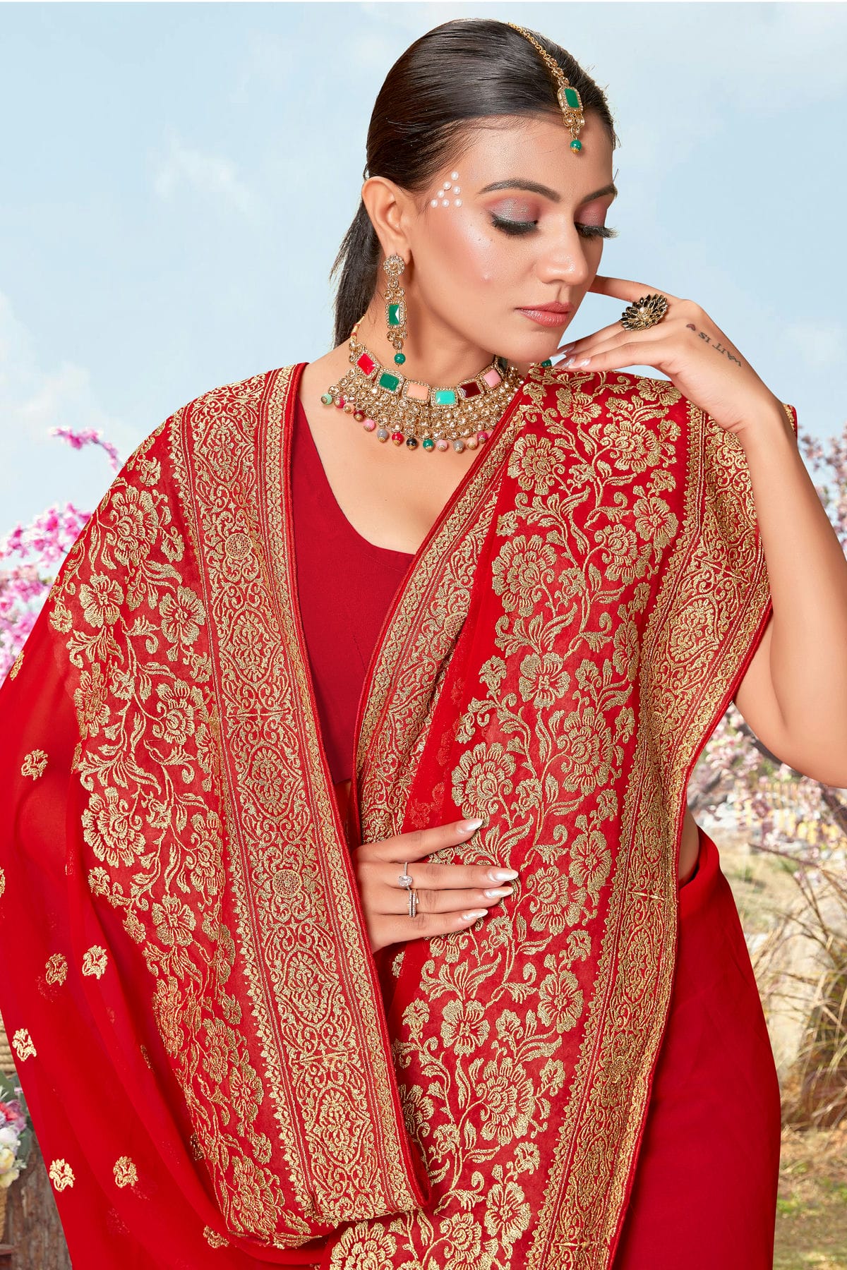 Red Colour Georgette Designer Saree