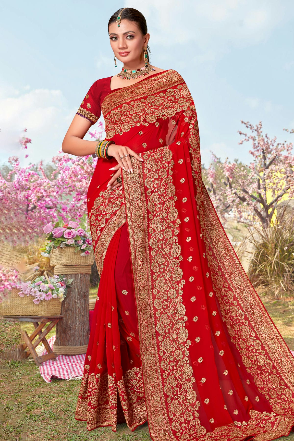 Red Colour Georgette Designer Saree