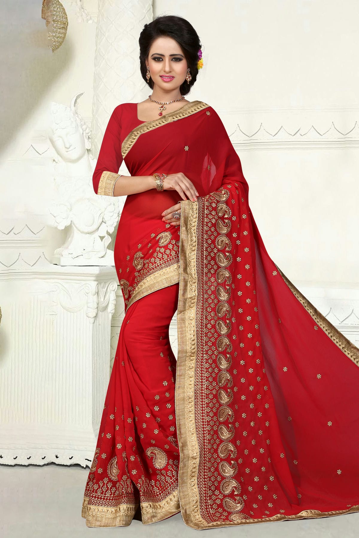 Red Colour Georgette Designer Saree