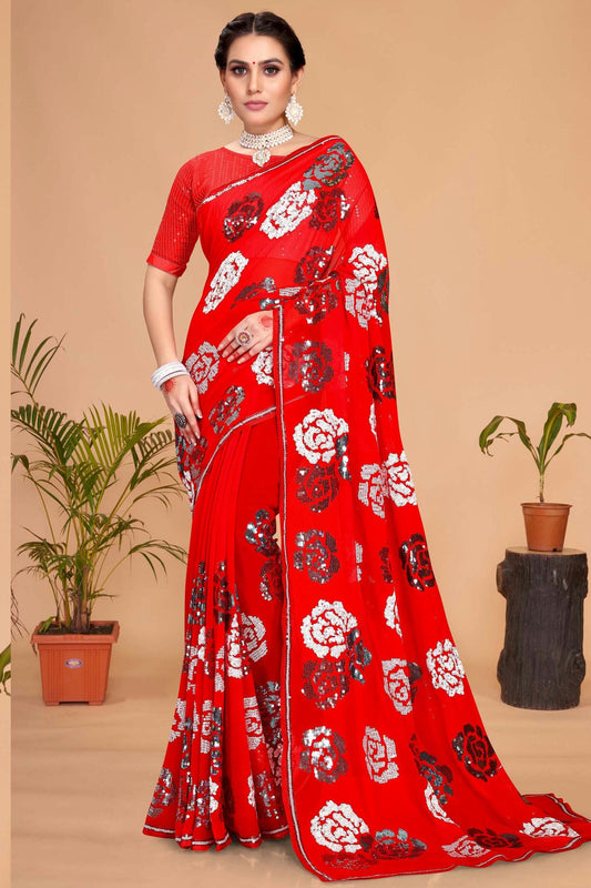 Red Colour Georgette Designer Saree