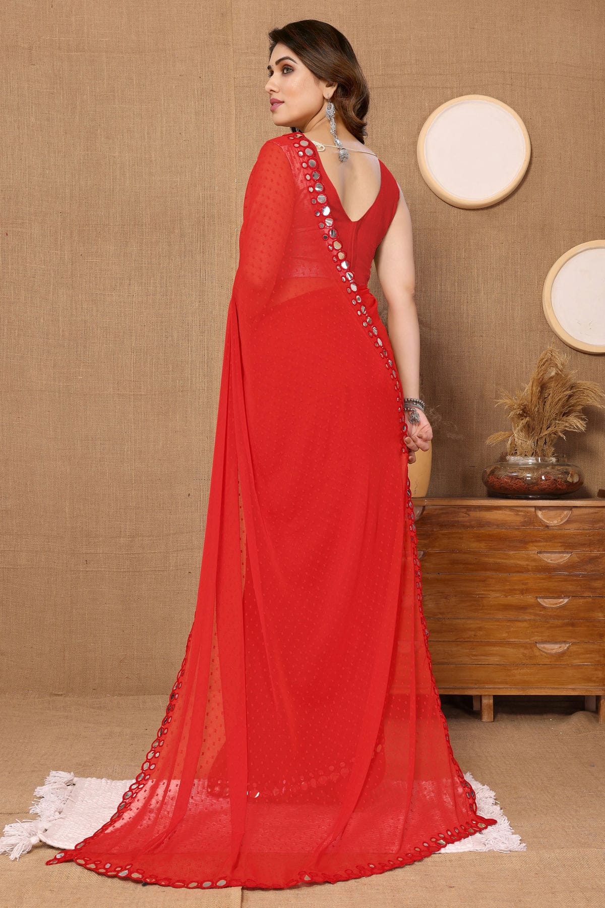 Red Colour Georgette Mirror Work Saree